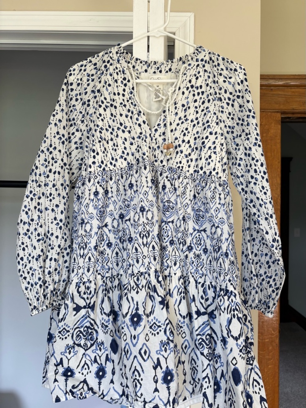 Jessica Simpson White Top with Navy Spot Print and Braided Ties